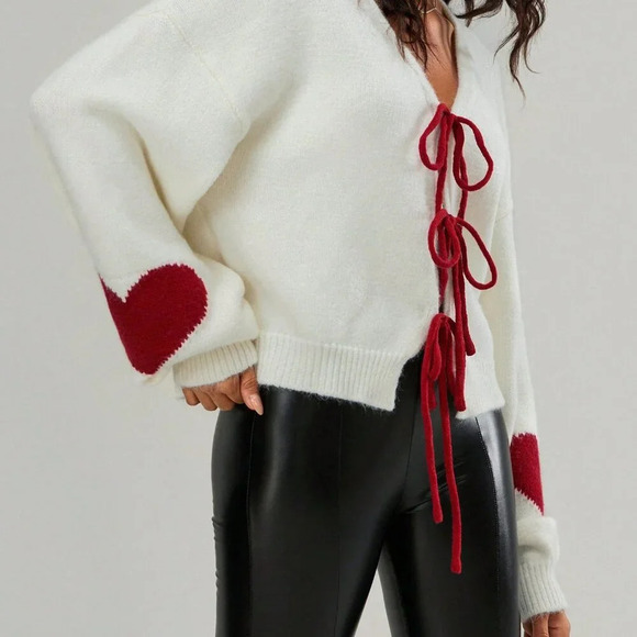 Red Casual Women's Cardigan Heart Pattern Tie-Up Front Long Sleeve Knit Sweater - Picture 4 of 5